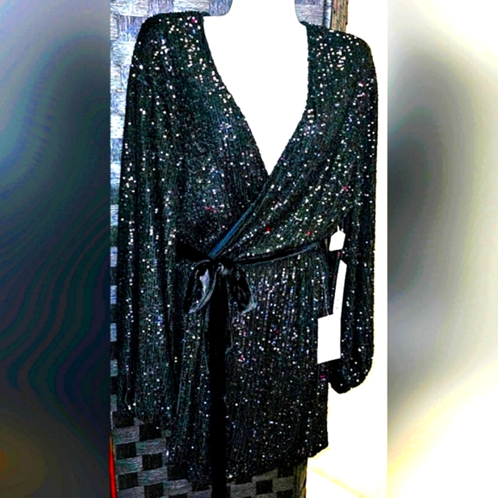 NWT JAY GODFREY BLACK SEQUIN WRAP DRESS SIZE 10